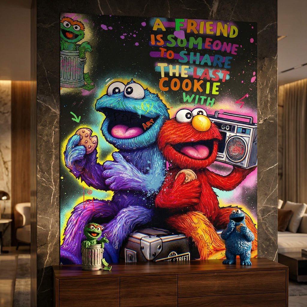 Elmo holding a retro boombox while Cookie Monster shares a cookie