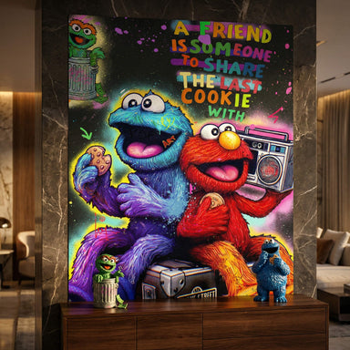 Elmo holding a retro boombox while Cookie Monster shares a cookie