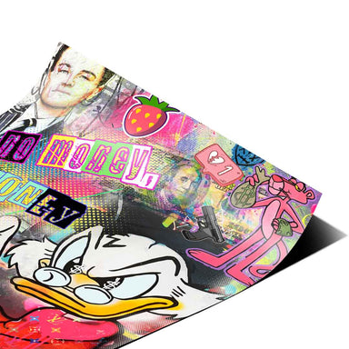 Cultural collage featuring Scrooge McDuck alongside references to Leonardo DiCaprio and Pink Panther in edgy art style.