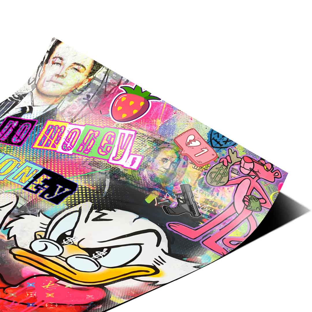 Cultural collage featuring Scrooge McDuck alongside references to Leonardo DiCaprio and Pink Panther in edgy art style.