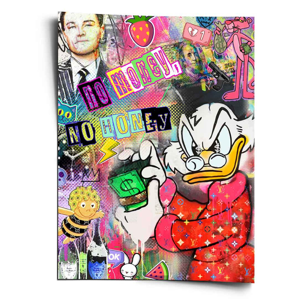 Portrait poster of Scrooge McDuck in a Louis Vuitton robe clutching cash, with pop culture icons in neon graffiti style.
