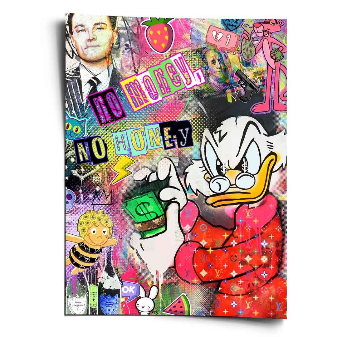 Portrait poster of Scrooge McDuck in a Louis Vuitton robe clutching cash, with pop culture icons in neon graffiti style.