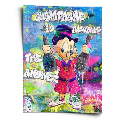 Vibrant pop art poster featuring Scrooge McDuck in luxury streetwear holding champagne against a graffiti background