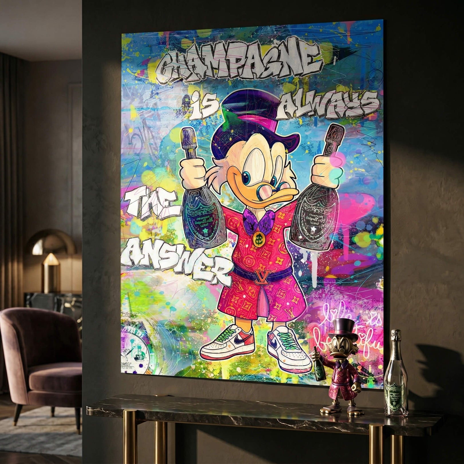Bold typography reading CHAMPAGNE IS ALWAYS THE ANSWER with a chic, urban art vibe
