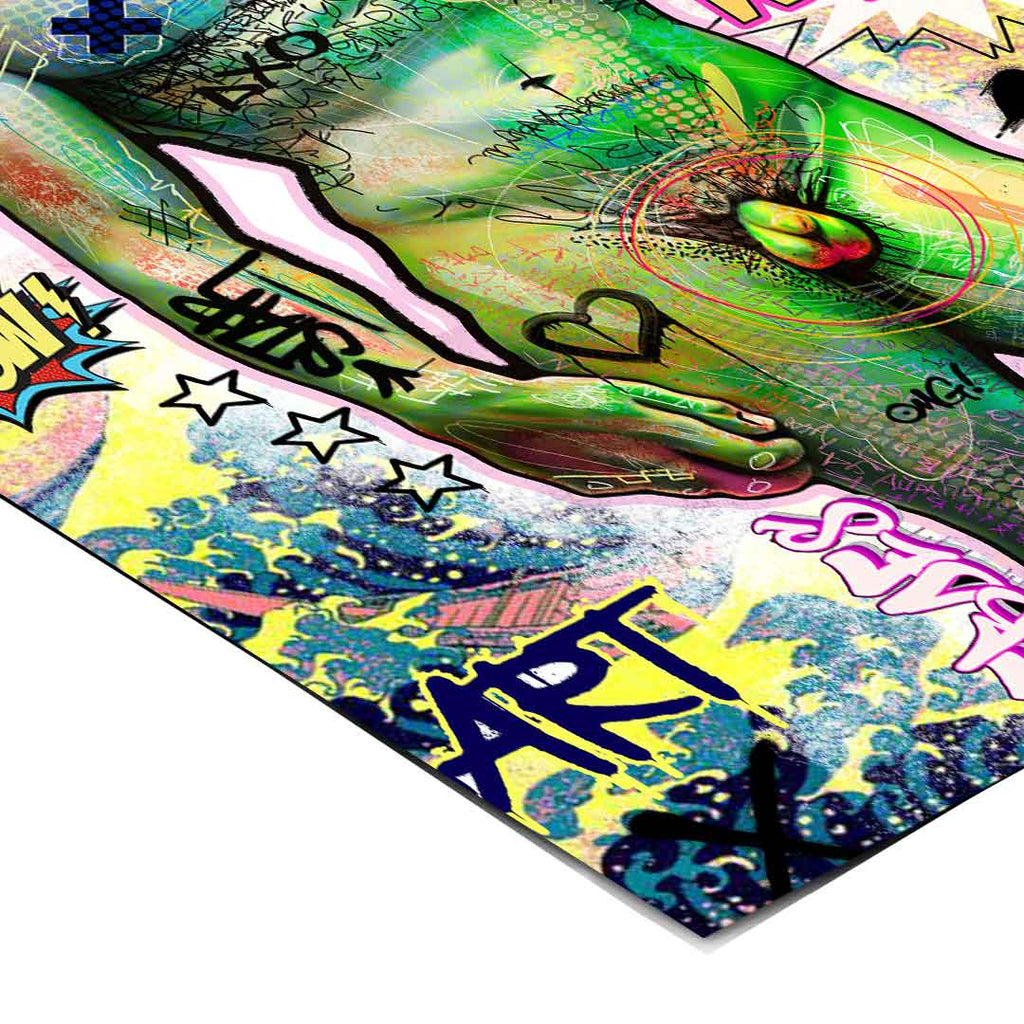 Neon pink, blue, yellow, and green color palette for electric street art poster