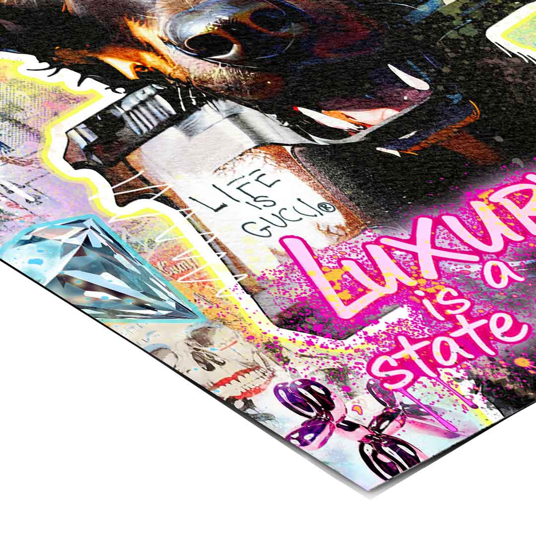 Neon pink typography with GOOD BOY and I want 100 million dollars amid luxury elements