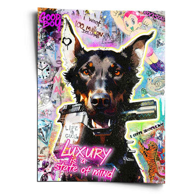 Vibrant pop art poster featuring a Doberman with neon colors and urban graffiti background