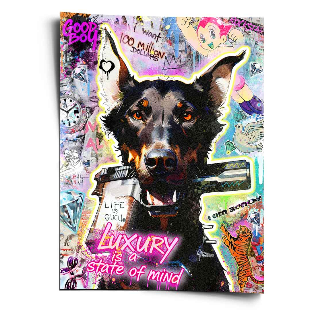 Vibrant pop art poster featuring a Doberman with neon colors and urban graffiti background
