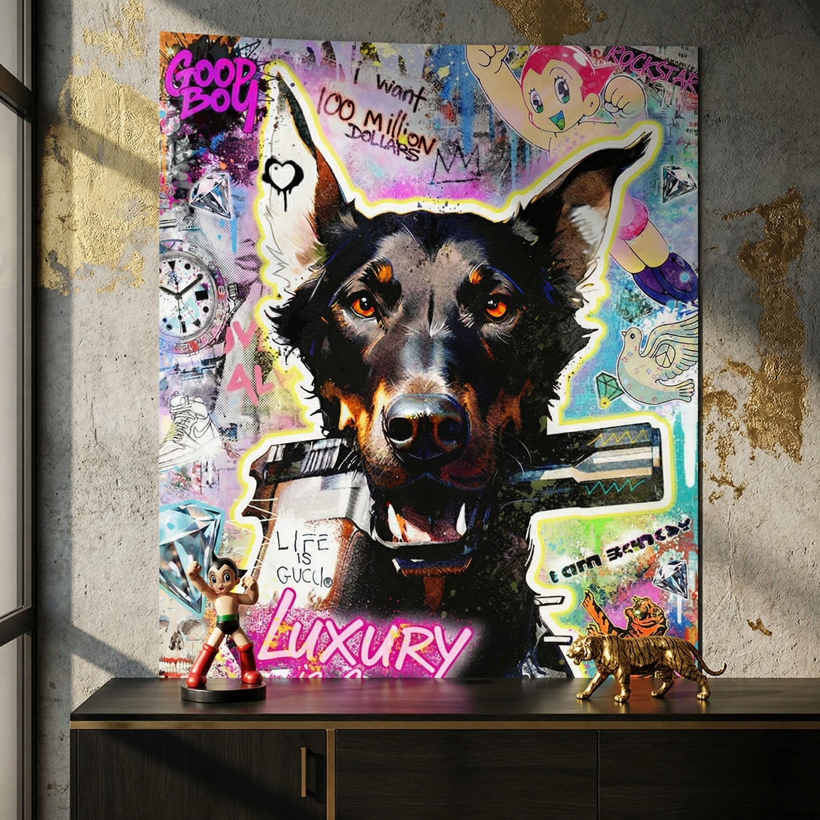 Close-up of the Doberman's eyes and jaw with luxury symbols like a diamond and a watch