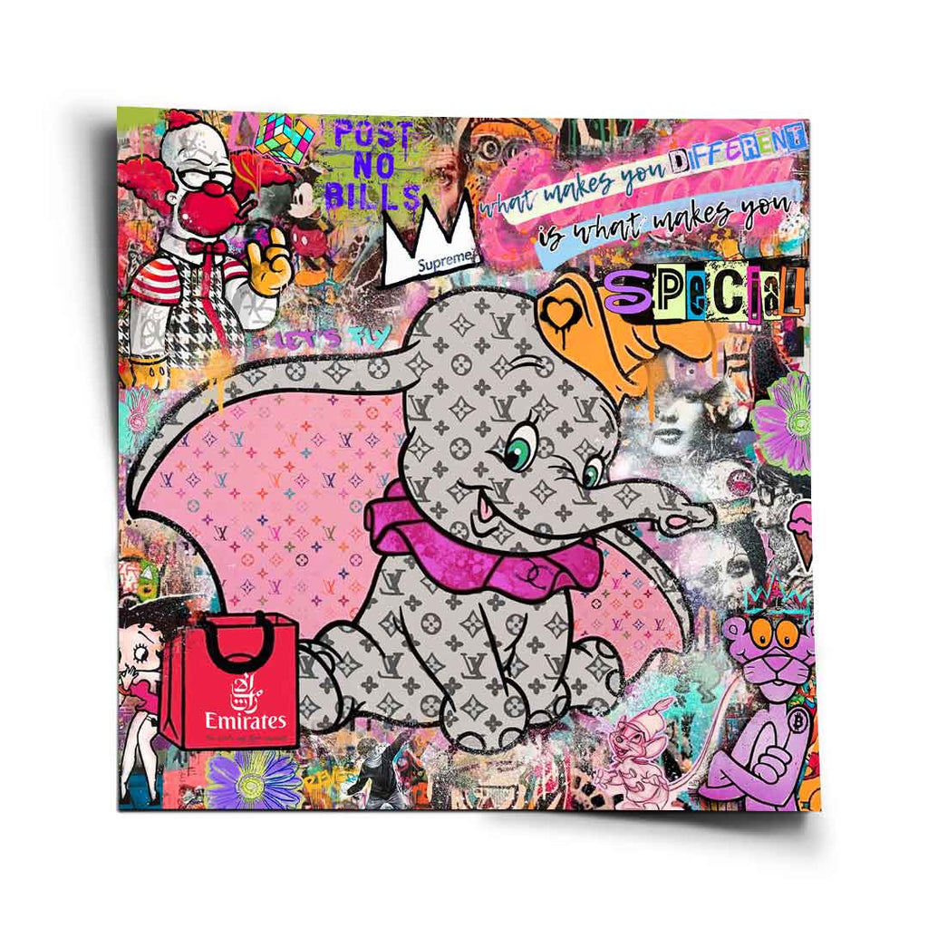 Dumbo poster in vibrant pop art graffiti style with a Louis Vuitton monogram elephant at the center