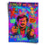 Central Pop Art portrait of Pablo Escobar with neon blue and pink colors, pistols, and graffiti aesthetic.