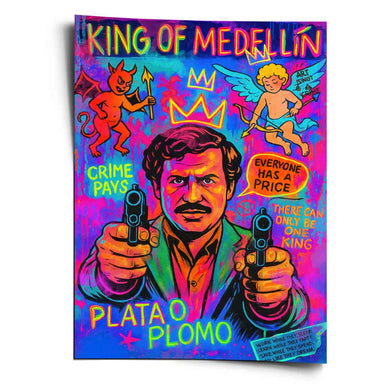 Central Pop Art portrait of Pablo Escobar with neon blue and pink colors, pistols, and graffiti aesthetic.