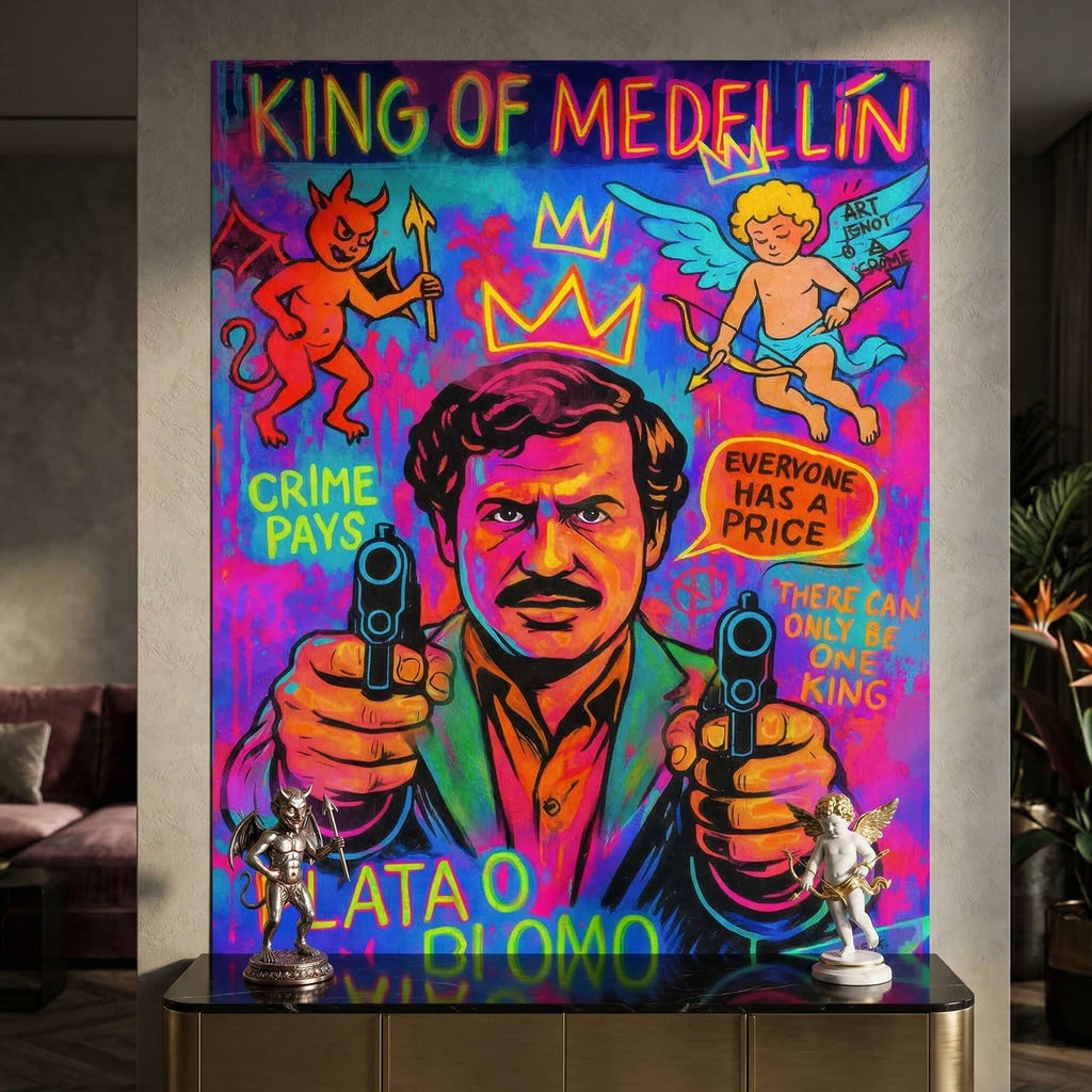 Close-up of Escobar with devil and cupid figures and a crown in bold street-art style.