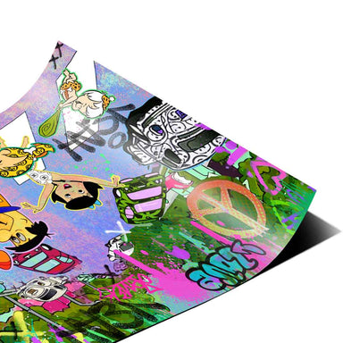 Bold 'YEAH' tags, peace signs, hearts and diamonds in a graffiti-covered urban background