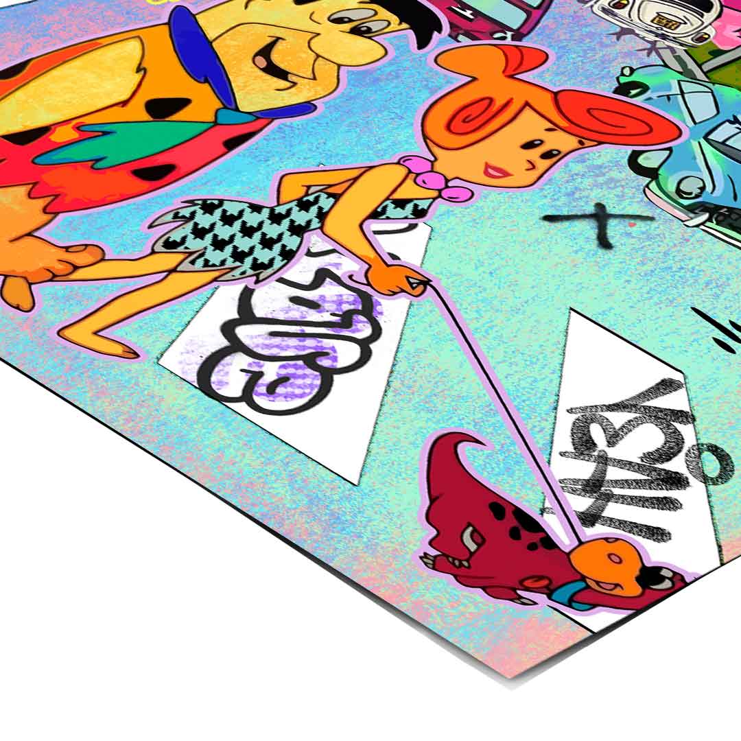 Iconic Flintstones characters in a colorful, graffiti-inspired cityscape.
