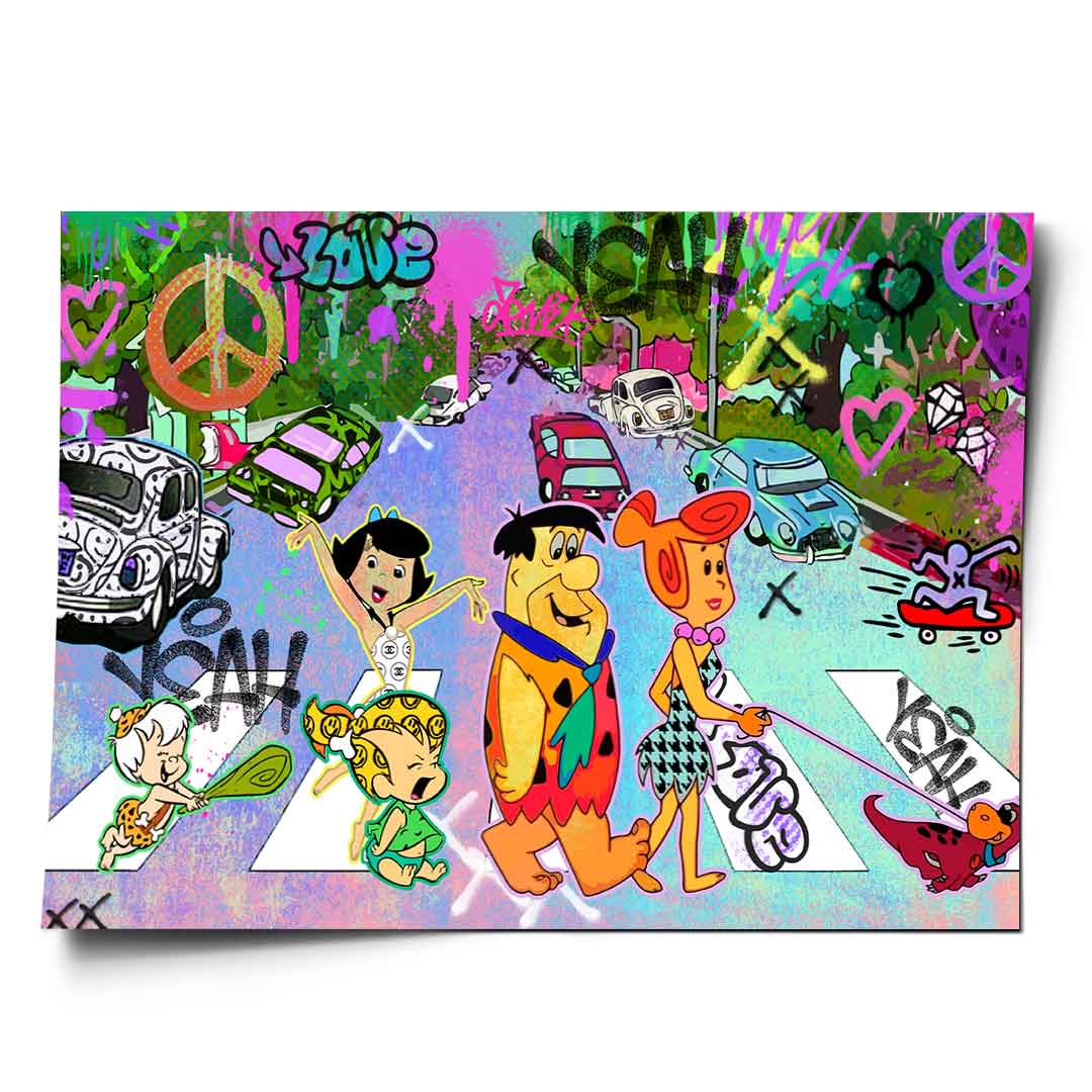 Flintstones family crossing a zebra crossing in a vibrant Pop Graffiti street scene