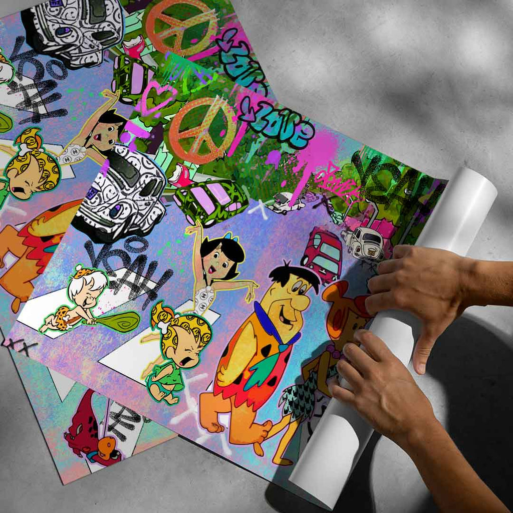 Neon pink, green, purple and blue backdrop blending vintage animation with street art
