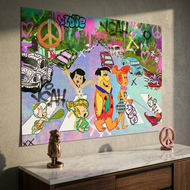Fred, Wilma, Pebbles, Bam-Bam, and Dino in classic Flintstones colors amid neon graffiti and cars