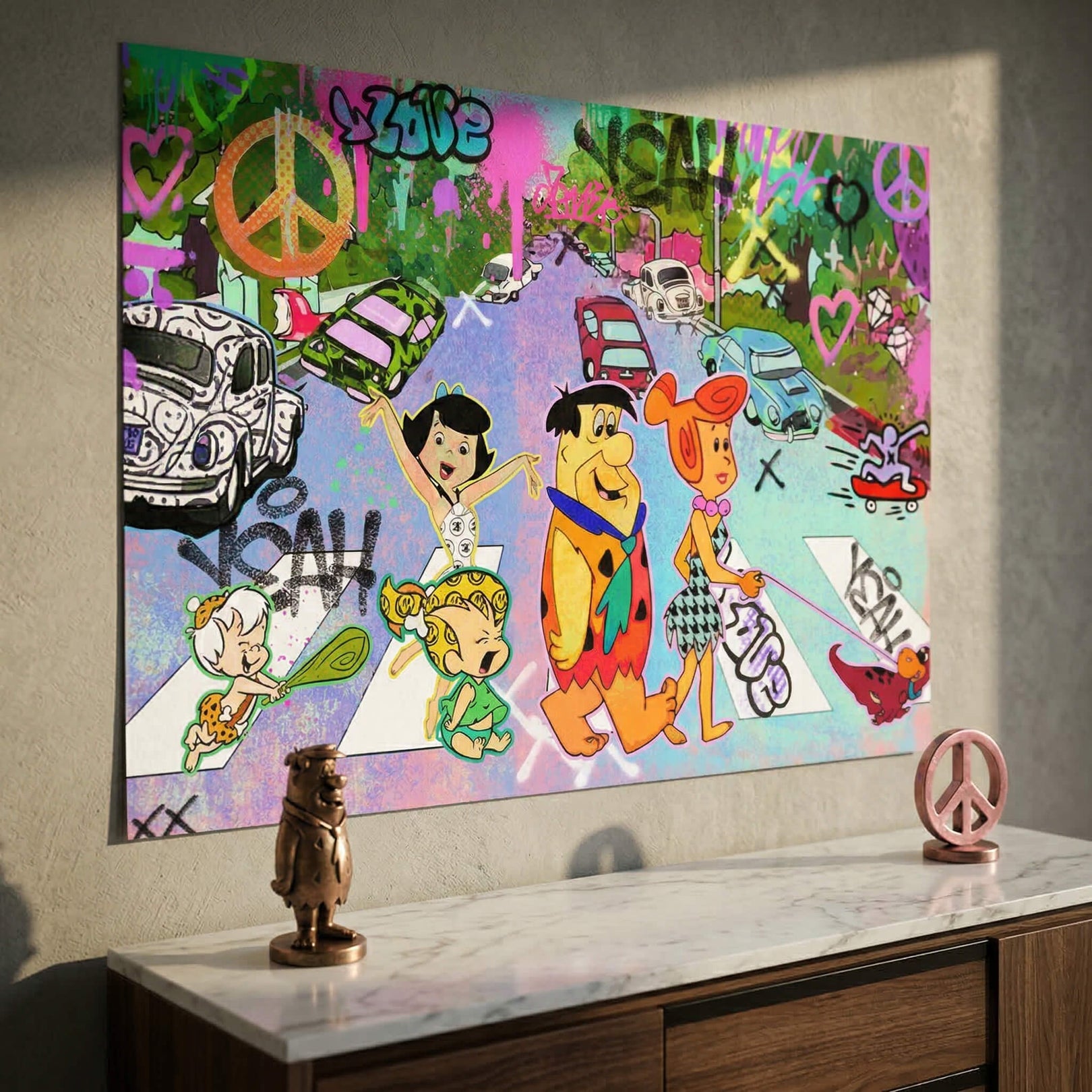 Cartoon characters in a graffiti-infused urban backdrop with stylized cars and bold pink, green, and purple accents.