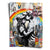 Two grayscale children embracing against a bright rainbow city skyline with graffiti elements