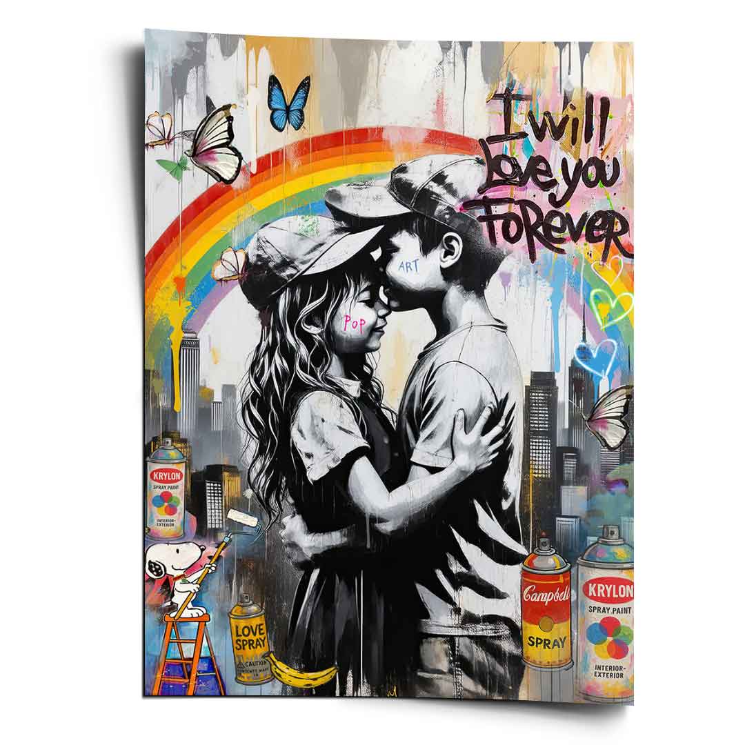 Two grayscale children embracing against a bright rainbow city skyline with graffiti elements