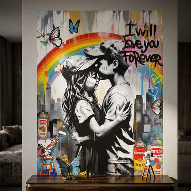 Graffiti-inspired faces with 'Pop' and 'Art' text and neon hearts