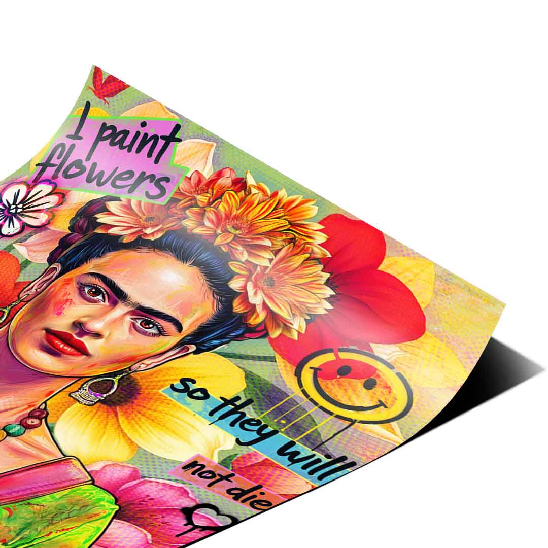 Colorful floral background and empowering quote in Frida Kahlo pop art poster