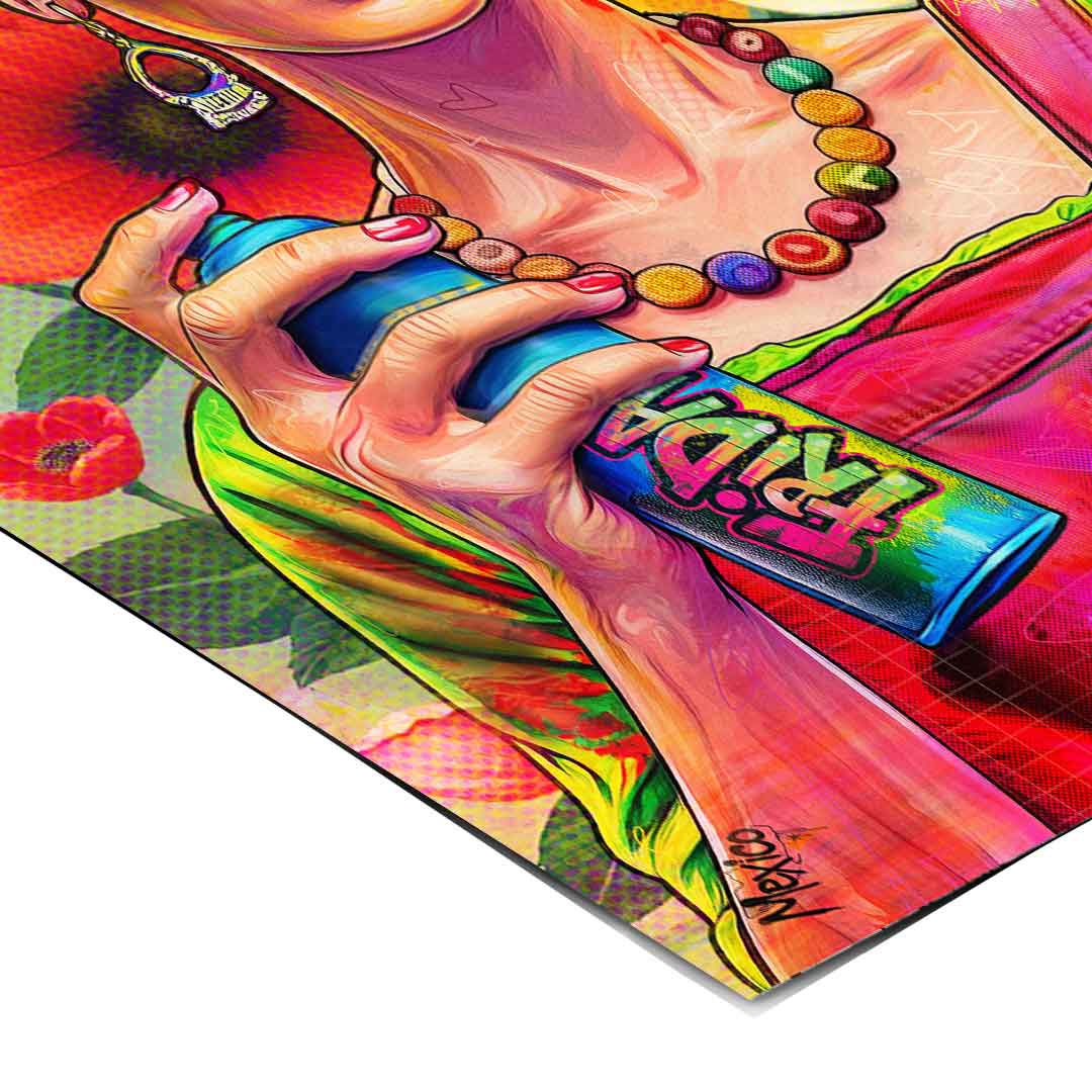 Portrait of Frida Kahlo in street-art style with bright magenta, electric green, and sunny yellow tones