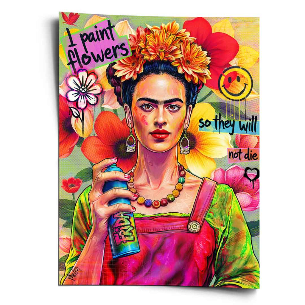 Frida Kahlo-inspired pop art portrait with floral crown and graffiti style on wall art