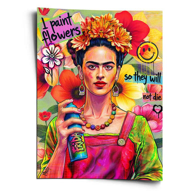 Frida Kahlo-inspired pop art portrait with floral crown and graffiti style on wall art