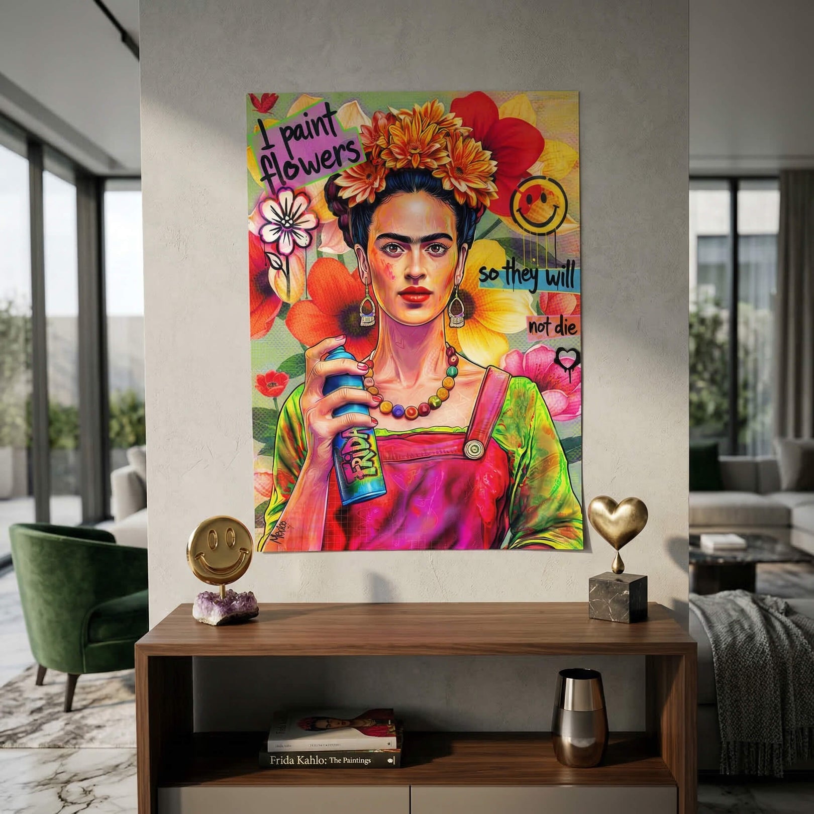Vibrant graffiti-inspired Frida poster featuring bold colors and spray can labeled FRIDA