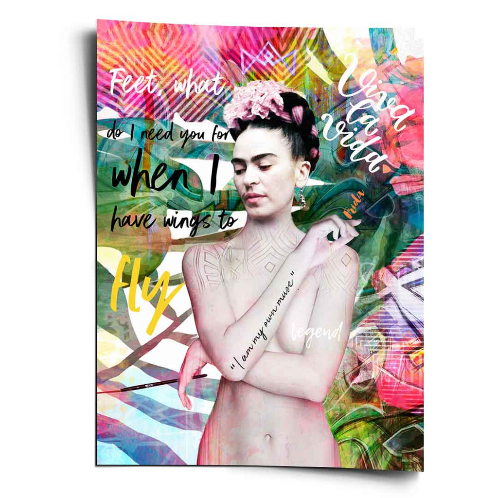 Frida Kahlo pop art portrait with flowers in braided hair against a vivid abstract background