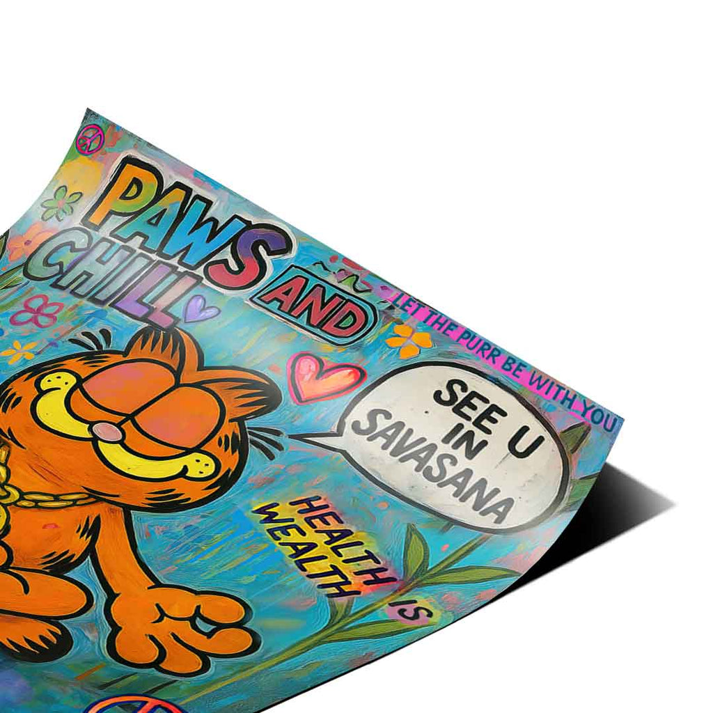 Floral accents and graffiti inspired style on a Garfield cartoon poster