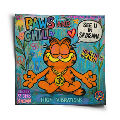 Garfield meditating in a lotus pose wearing an Om pendant on a vibrant blue green yellow Pop Art poster