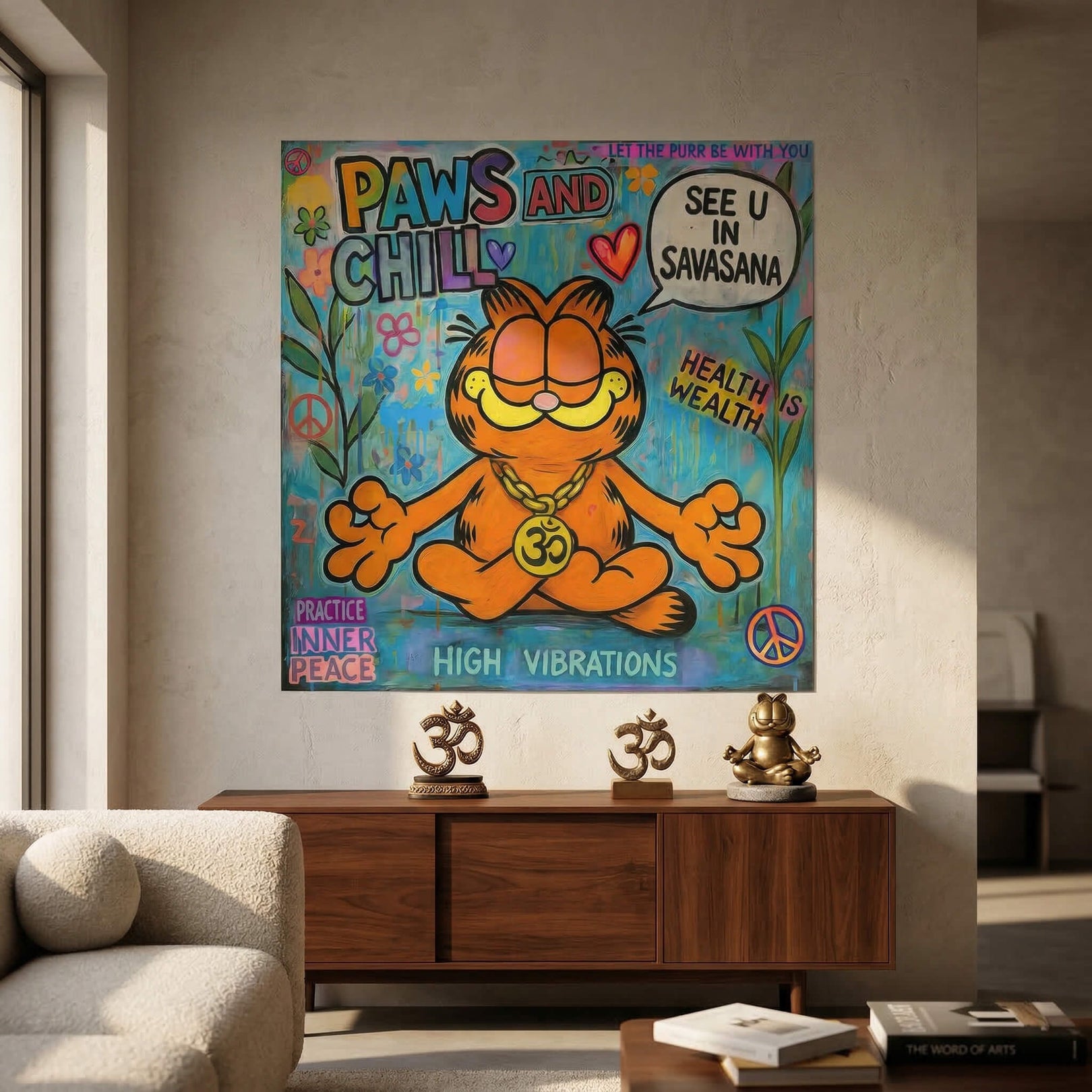 Colorful wall art showing uplifting phrases like Paws and Chill and High Vibrations with peace symbols