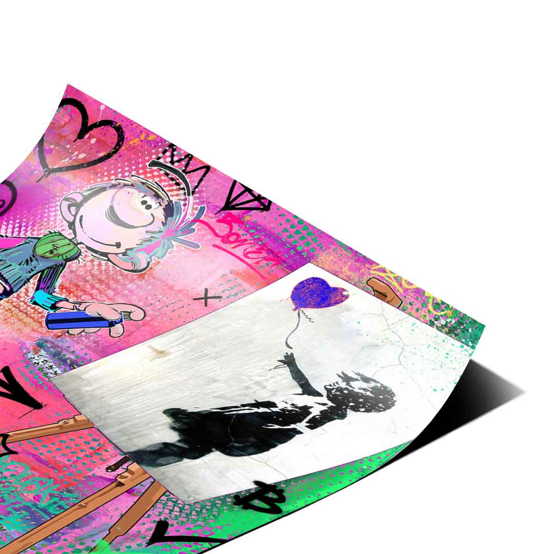 Easel showing a Banksy-inspired Girl with Balloon holding a purple heart in a vibrant square-format poster