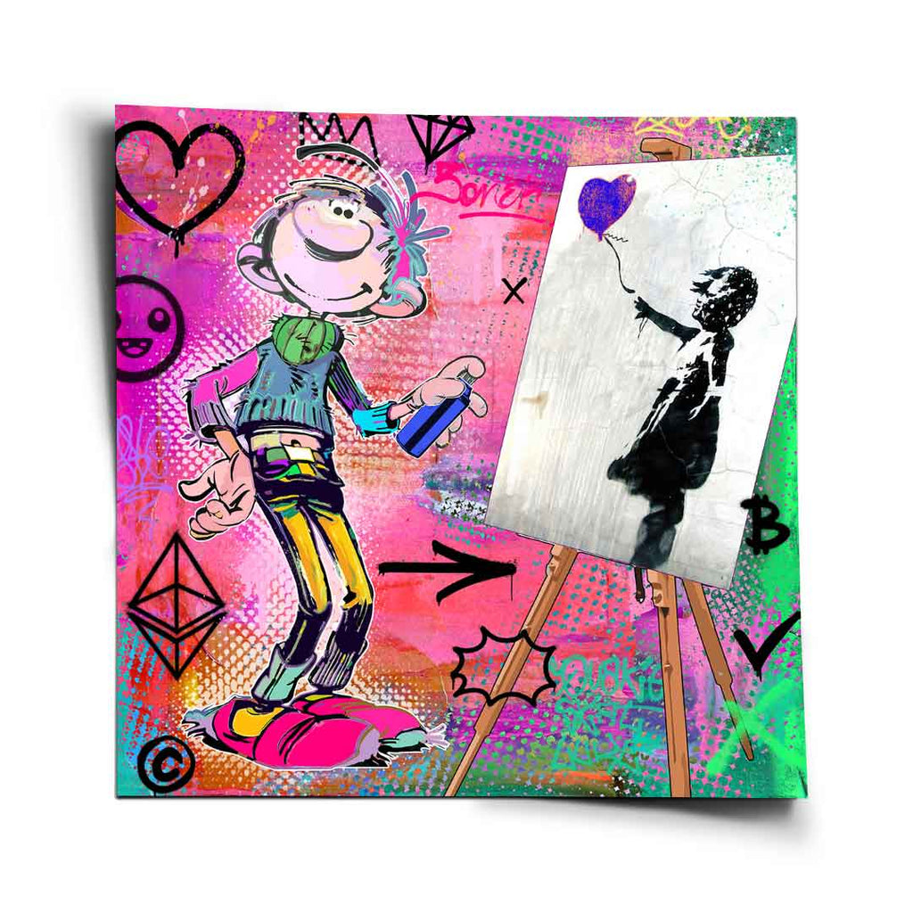 Gaston Lagaffe pop graffiti poster with spray can, neon pinks and greens, graffiti tags, and crypto symbols
