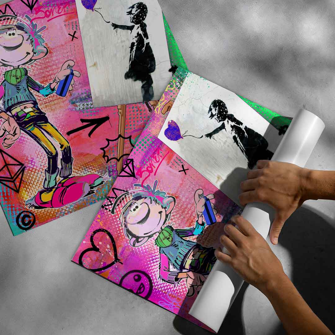 Square-format wall art blending comic style, street art, and urban references in bright colors