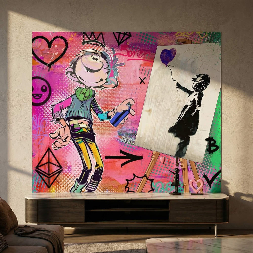 Urban graffiti collage with hearts, diamonds, smiley face and crypto symbols on a neon background