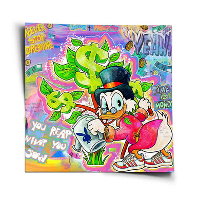 Square pop art poster featuring a cheerful duck in a suit watering a money tree with a dollar sign