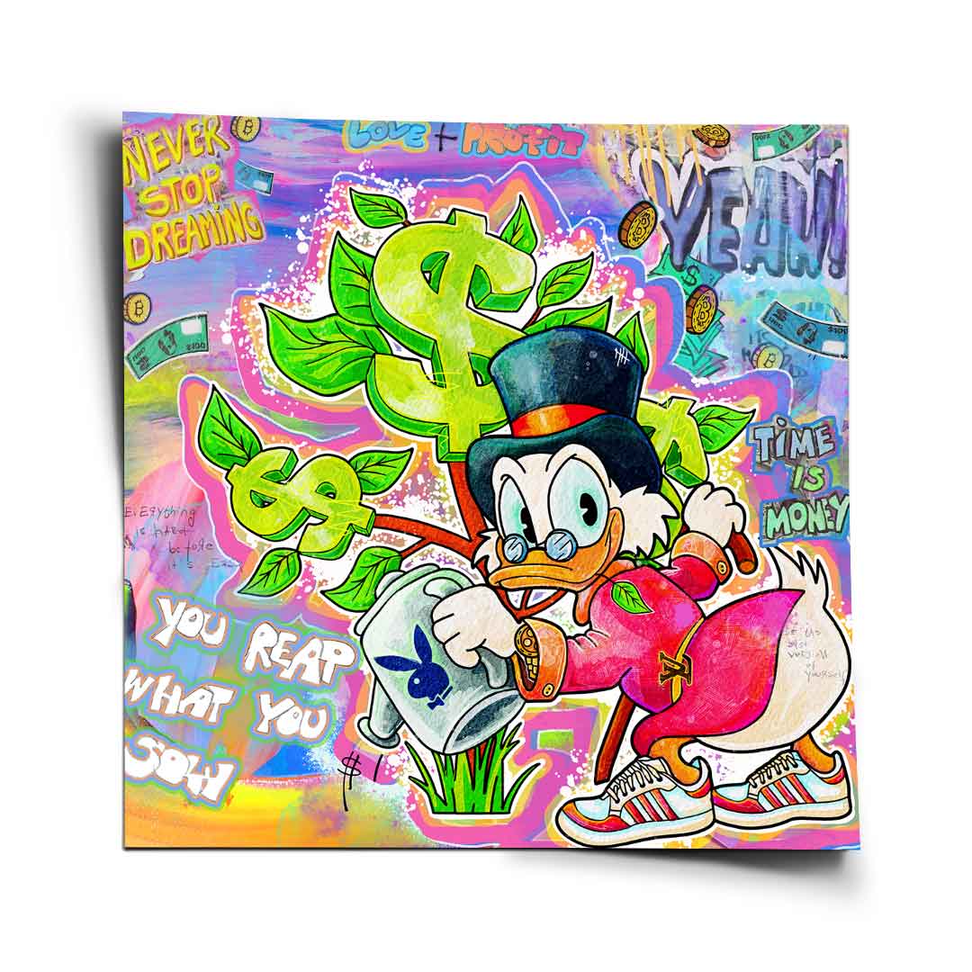 Square pop art poster featuring a cheerful duck in a suit watering a money tree with a dollar sign