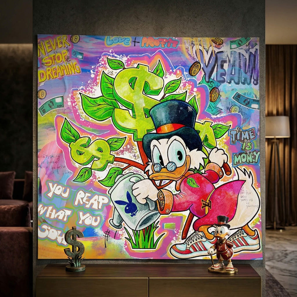 Duck wearing Adidas sneakers holding a watering can with a Playboy bunny logo in neon graffiti backdrop