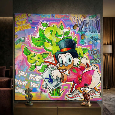 Duck wearing Adidas sneakers holding a watering can with a Playboy bunny logo in neon graffiti backdrop