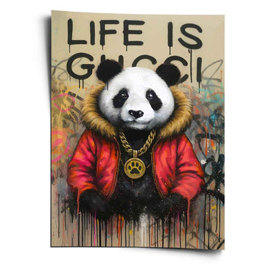 Anthropomorphic panda wearing a red fur-lined jacket and a gold paw-print chain in a Pop Graffiti style