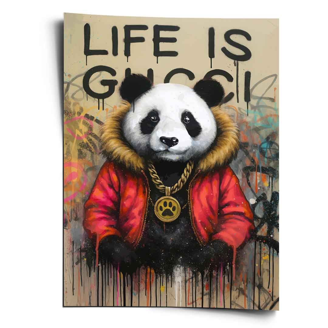 Anthropomorphic panda wearing a red fur-lined jacket and a gold paw-print chain in a Pop Graffiti style