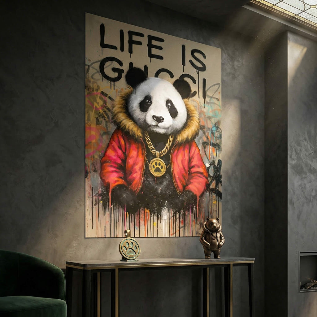 Beige wall with graffiti and paint drips behind the panda, featuring Life Is Gucci text