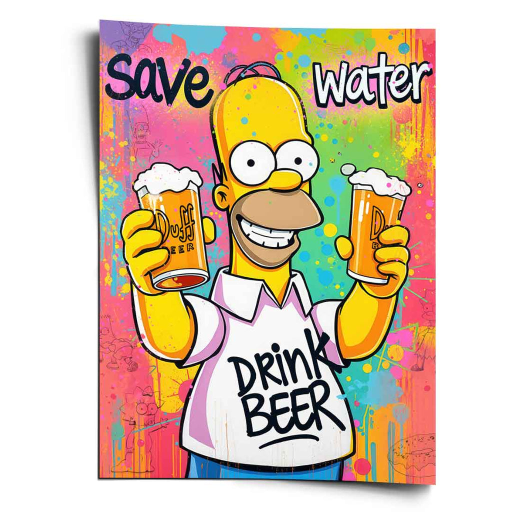 Vibrant graffiti-style poster featuring Homer Simpson holding two Duff Beer mugs against a multicolor paint-splatter background