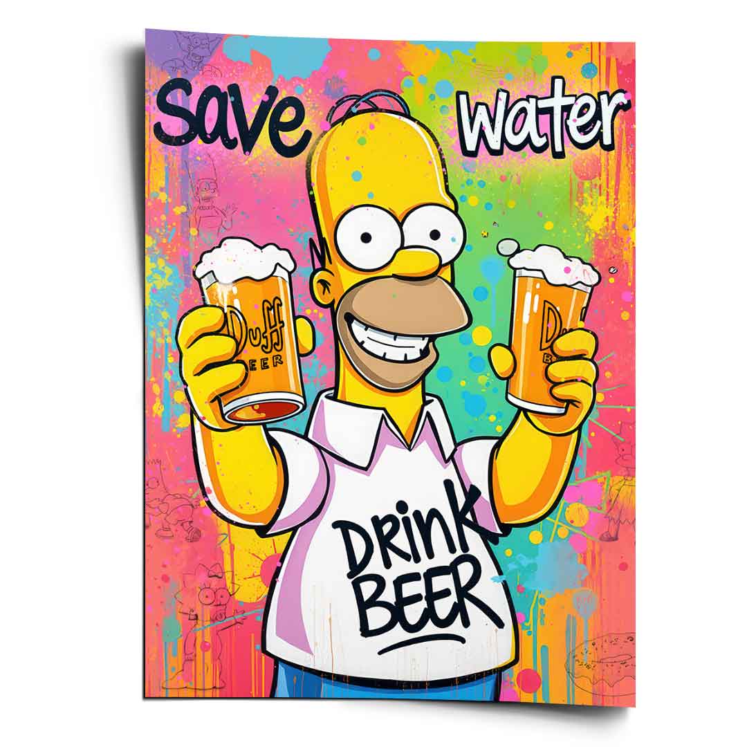 Vibrant graffiti-style poster featuring Homer Simpson holding two Duff Beer mugs against a multicolor paint-splatter background