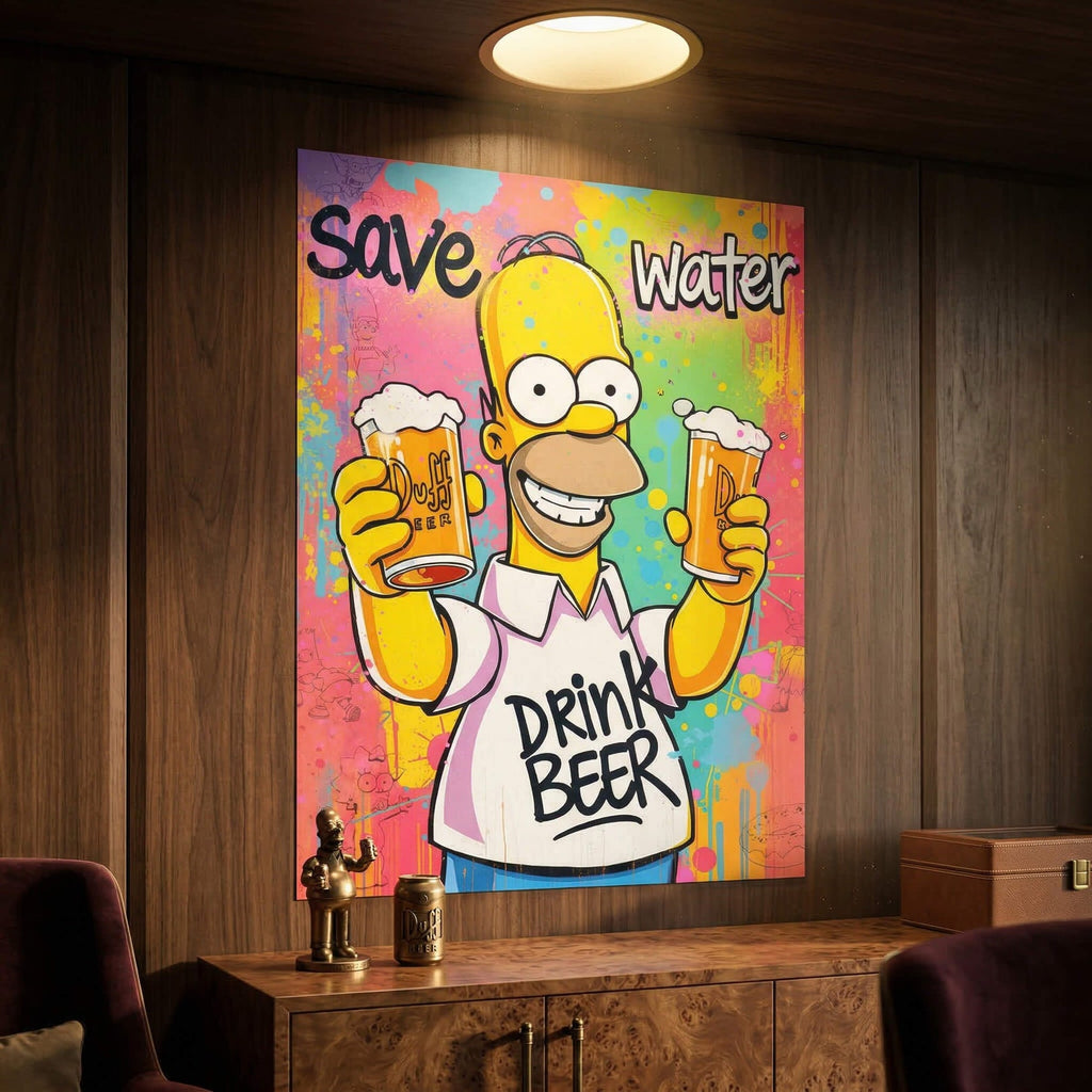 Homer Simpson rendered with bold black outlines and bright yellow coloring in a pop art graffiti poster
