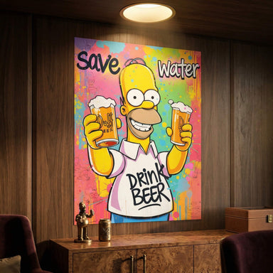 Homer Simpson rendered with bold black outlines and bright yellow coloring in a pop art graffiti poster